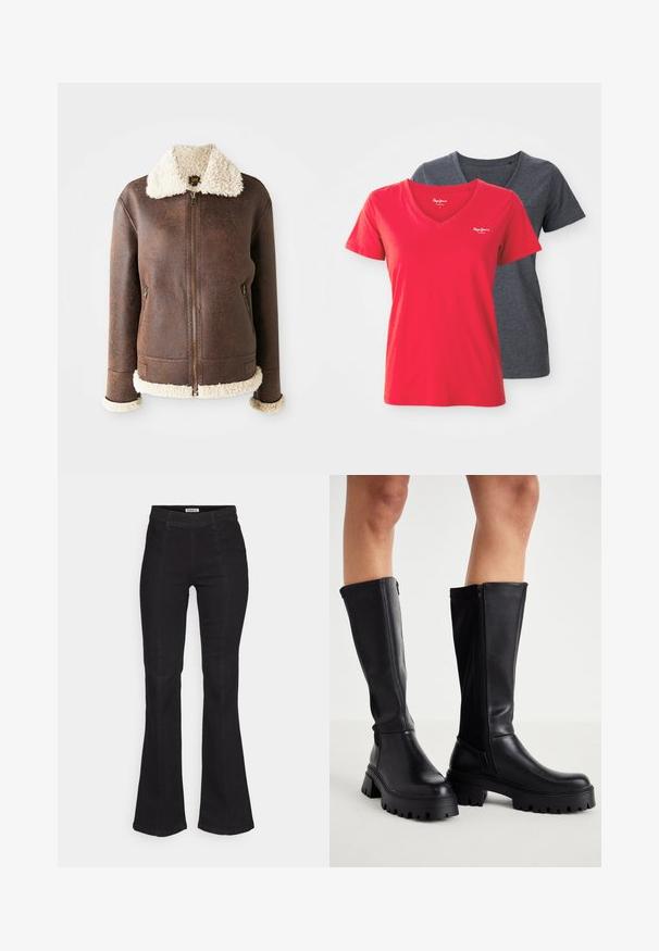 Jachetă din piele maro cu un guler și manșete din blană crem. Prezintă un fermoar frontal și două buzunare laterale. Textură uzată pe toată suprafața.; Două tricouri cu decolteu în V: unul în roșu aprins, iar celălalt în gri închis. Fabricate din bumbac moale, cu mâneci scurte și un design conformat.; Jeans negri evazați din denim, cu talie înaltă, detalii subtile cu cusături frontale și un design clasic cu cinci buzunare.; Bocanci negri până la genunchi, dintr-o piele artificială netedă, cu o talpă groasă, închidere cu fermoar lateral și un design cu vârf rotund.