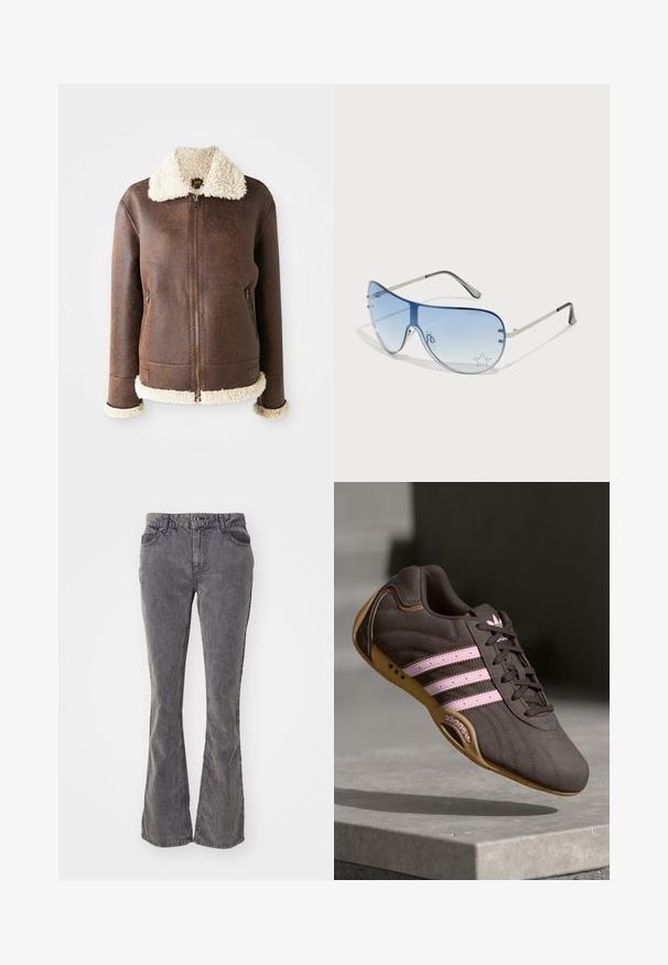 Brun lærjakke med en kremfarget saueskinnskrage og mansjetter. Har frontglidelås og to sidelommer. Slitt tekstur gjennom hele.; To v-hals t-skjorter: en i lys rød og en i mørkegrå. Laget av myk bomull med korte ermer og en tettsittende design.; Grå slengjeans laget av denim, med et klassisk fem-lomme design, blekede linjer og en knapp og glidelås lukking i midjen.; Brune suede atletik sko med rosa striper og logo, med en teksturert overdel, snøring og såle i gummigummi.; Pilotbriller med gradient blå linse, sølvfarget metallramme og dekorative stjerneaksenter på linsen. Glatt og stilren design.