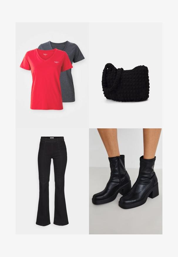 Barna bőrkabát, krémes gyapjúgallérral és mandzsettákkal. Elöl cipzáras, és két oldalsó zseb található rajta. Az anyag kopottas textúrával rendelkezik.; Két V-nyakú póló: az egyik élénkpiros, a másik sötétszürke. Puha pamutból készült, rövid ujjú és testhez simuló fazonnal.; Fekete harangszárú farmernadrág, magas derékkal, diszkrét elülső varrással és klasszikus öt zsebes kivitelben.; Fekete bőr bokacsizma magas blokk sarkakkal, oldalsó cipzárral, sima textúrával és hegyes orrformával.; Fekete szövet táska texturált, steppelt mintával. Kerek formájú, rövid, vastag fogantyúkkal és puha, rugalmas szerkezettel.; Ezüst csepp fülbevalók, több áttetsző strasszal díszítve, vízesésszerű kialakítással és textúrált felületekkel, neutrális háttér előtt.