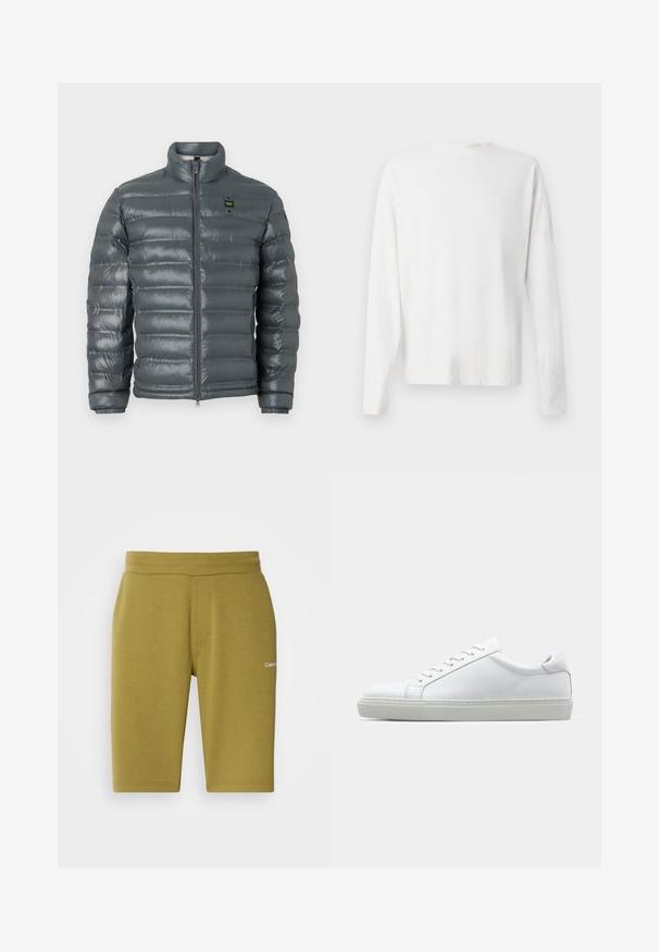 Puffede jakke i mørkegrå, quiltet tekstur, høj krave, fuld lynlås foran, elastiske manchetter og en lille logo detalje nær toppen på venstre side.; Langærmet hvid bomulds skjorte med rund halsudskæring, sideslids i bunden og en glat overflade, vist bagfra.; Olivenfarvede shorts lavet af blød bomuldsblanding, med en glat tekstur, elastisk talje og diskret logo på venstre side.; Hvide sneakers med en glat læderoverdel og lav profil. Har en rund tå, seks snørehuller og en tekstureret gummisål.