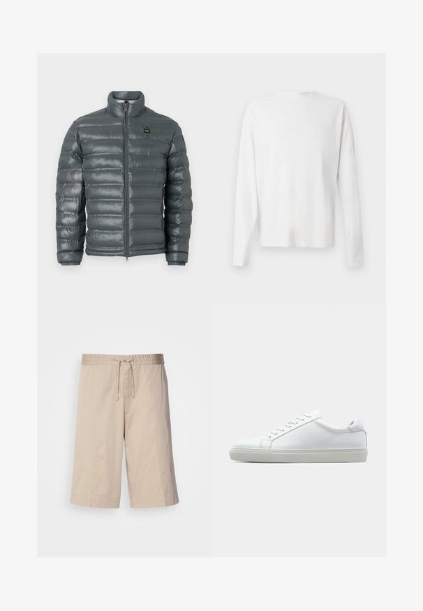 Puffjacka i mörkgrått, kviltad textur, hög krage, hel dragkedja framtill, elastiska muddar och en liten logodetalj nära toppen på vänster sida.; Vit långärmad skjorta i bomull med rund halsringning, sidofickor längst ner och en slät yta, visad bakifrån.; Beiga bomullsshorts med elastisk midja, dragsko och rak passform. Har inga fickor och en mjuk, lätt textur.; Vit sneaker med en slät läderövre och låg profil. Har en rundad tå, sex snörhål och en strukturerad gummisula.