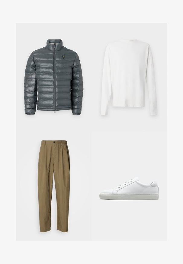 Doudoune gris foncé, texture matelassée, col montant, fermeture éclair sur toute la longueur, poignets élastiques, et un petit logo près du haut sur le côté gauche.; Chemise en coton blanc à manches longues avec un col rond, fentes latérales en bas et une texture lisse, présentée de dos.; Pantalons droits de couleur khaki avec plis, passants de ceinture et un seul bouton noir à la taille, présentés sur un fond blanc.; Sneaker blanche avec une tige en cuir lisse et un profil bas. Présente un bout arrondi, six œillets et une semelle en caoutchouc texturé.