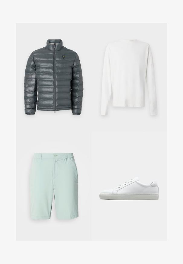 Puffer jacket in dark gray, quilted texture, high collar, full zip front, elastic cuffs, and a small logo detail near the top on the left side.; Long-sleeved white cotton shirt with a round neckline, side slits at the bottom, and a smooth texture, displayed from the back.; Light blue shorts made of smooth fabric, featuring a button closure, front pockets, and a comfortable waistband with no visible patterns.; White sneaker with a smooth leather upper and a low profile. Features a rounded toe, six eyelets, and a textured rubber sole.