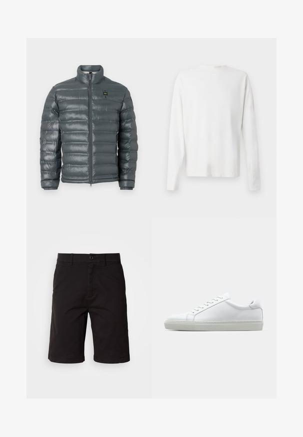 Puffer-takki tummanharmaana, tikattua tekstuuria, korkea kaulus, täyspitkä vetoketju edessä, joustavat hihansuut ja pieni logoyksityiskohta vasemmalla puolella ylhäällä.; Pitkähihaisesta valkoisesta puuvillapaidasta, jossa on pyöreä pääntie, sivuhaalareita alaosassa ja sileä pinta, näkyy takaa.; Mustat shortsit, jotka on valmistettu kevyestä kankaasta. Niissä on nappisulku, vyölenkit, sivutaskut ja suora leikkaus, jossa on käännetyt helmat.; Valkoinen tennari, jossa on sileä nahkapäällinen ja matala profiili. Ominaisuuksiin kuuluu pyöreä kärki, kuusi rei'itystä ja teksturoitu kumipohja.