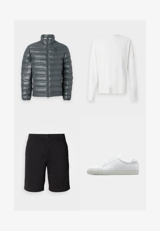 Puffer jacket in dark gray, quilted texture, high collar, full zip front, elastic cuffs, and a small logo detail near the top on the left side.; Long-sleeved white cotton shirt with a round neckline, side slits at the bottom, and a smooth texture, displayed from the back.; Black shorts made of lightweight fabric, featuring a button closure, standard waist, and straight cut. No patterns or visible accents.; White sneaker with a smooth leather upper and a low profile. Features a rounded toe, six eyelets, and a textured rubber sole.