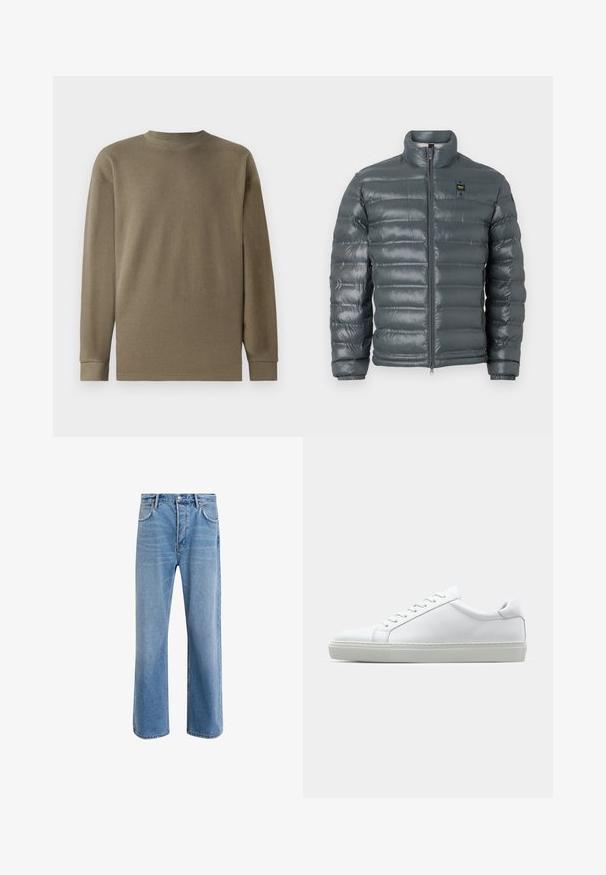 Puffer-takki tummanharmaana, tikattua tekstuuria, korkea kaulus, täyspitkä vetoketju edessä, joustavat hihansuut ja pieni logoyksityiskohta vasemmalla puolella ylhäällä.; Oliivinvihreä pitkähihainen teksturoitu paita, jossa on pyöreä pääntie ja ribbikangas. Paita on suoran leikkauksen hihoilla ja helmoilla.; Vaaleansiniset farkut suoranlahkeisella muotoilulla, viisi taskua, nappisuljenta, vähäinen kuluminen ja kontrastiväriset ompeluyksityiskohdat.; Valkoinen tennari, jossa on sileä nahkapäällinen ja matala profiili. Ominaisuuksiin kuuluu pyöreä kärki, kuusi rei'itystä ja teksturoitu kumipohja.