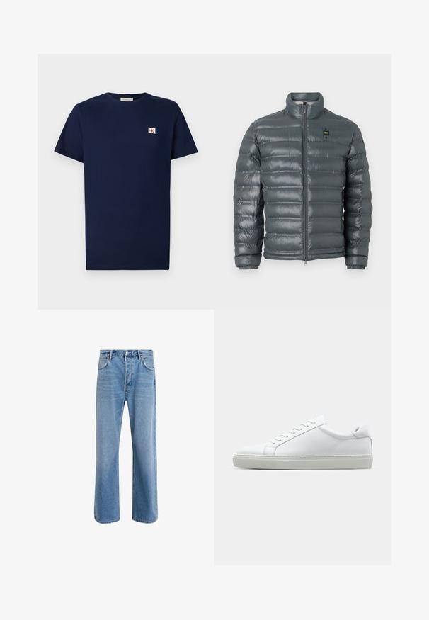 Puffer jacket in dark gray, quilted texture, high collar, full zip front, elastic cuffs, and a small logo detail near the top on the left side.; Navy blue cotton t-shirt with short sleeves, crew neck, and a small embroidered logo patch on the left chest. Smooth texture.; Light blue denim jeans with a straight-leg design, five pockets, button closure, minimal fading, and contrasting stitching details.; White sneaker with a smooth leather upper and a low profile. Features a rounded toe, six eyelets, and a textured rubber sole.