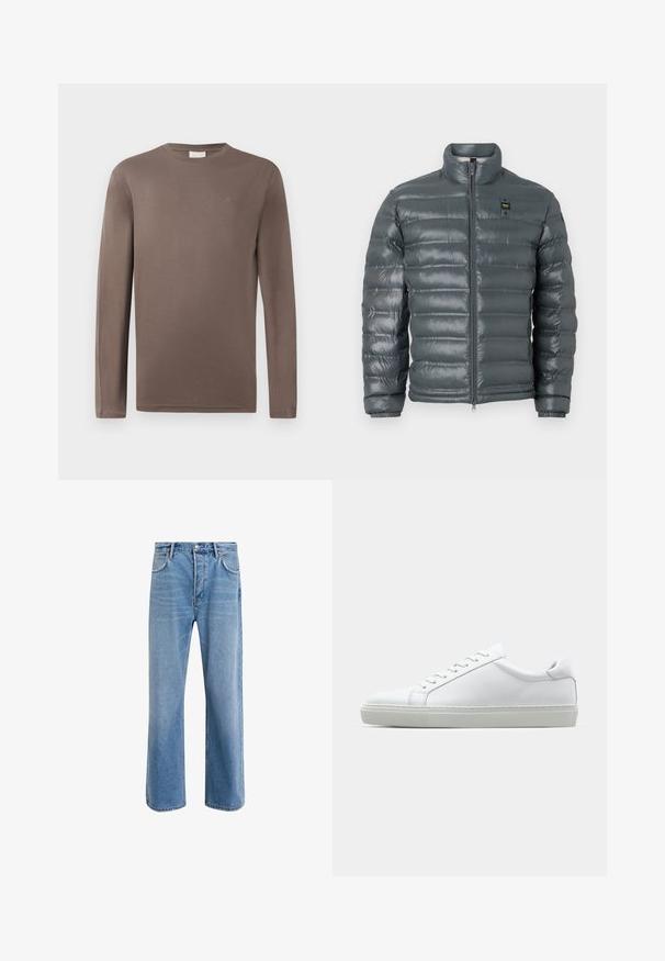 Puffjacka i mörkgrått, kviltad textur, hög krage, hel dragkedja framtill, elastiska muddar och en liten logodetalj nära toppen på vänster sida.; Långärmad brun bomull T-shirt med rund hals; har en liten logotyp på bröstet och en mjuk, lätt textur.; Ljust blå denimjeans med rak passform, fem fickor, knappstängning, minimal blekning och kontrasterande sömdetaljer.; Vit sneaker med en slät läderövre och låg profil. Har en rundad tå, sex snörhål och en strukturerad gummisula.