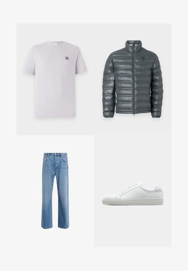 Puffer jacket in dark gray, quilted texture, high collar, full zip front, elastic cuffs, and a small logo detail near the top on the left side.; Light lavender short-sleeve t-shirt made of cotton with a round neck and a small dark logo patch on the left chest. Smooth texture.; Light blue denim jeans with a straight-leg design, five pockets, button closure, minimal fading, and contrasting stitching details.; White sneaker with a smooth leather upper and a low profile. Features a rounded toe, six eyelets, and a textured rubber sole.