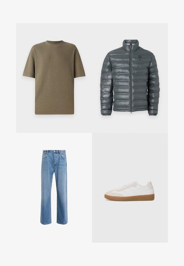 Giacca a vento imbottita di colore grigio scuro, con texture trapuntata, colletto alto, chiusura frontale con zip completa, polsini elasticizzati e un piccolo dettaglio del logo vicino alla parte superiore sul lato sinistro.; T-shirt a manica corta color khaki a coste, con colletto a girocollo, caratterizzato da una vestibilità comoda e una texture morbida, adatto per un look casual.; Jeans in denim blu chiaro con design a gamba dritta, cinque tasche, chiusura con bottone, leggero sbiadimento e dettagli di cucitura a contrasto.; Sneaker bianco e beige con elementi in suede e pelle. Presenta una suola in gomma, un design con lacci e righe laterali minimaliste.