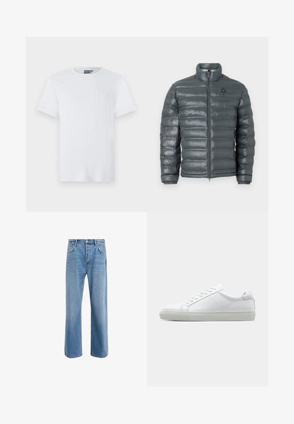 Sötét szürke puffertakaró, steppelt textúrájú, magas gallérral, teljes cipzárral az elején, rugalmas mandzsettákkal és egy kis logó részlettel a bal oldalon, fent.; Fehér pamut póló rövid ujjakkal, kerek nyakkivágással és egy kis elülső zsebével. Puha textúra és minimalista dizájn.; Világoskék farmernadrág, egyenes szárú fazonnal, öt zsebbel, gombos záródással, minimális kopással és kontrasztos varrással.; Fehér sportcipő sima bőr felső résszel és alacsony profilsal. Kerek orr, hat fűzőlyuk és barázdált gumitalp jellemzi.