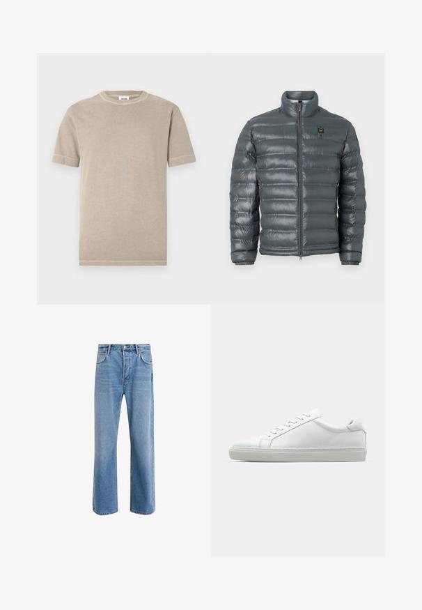 Puffer jacket in dark gray, quilted texture, high collar, full zip front, elastic cuffs, and a small logo detail near the top on the left side.; Beige cotton t-shirt with short sleeves and a round neckline. Features visible stitching along the sleeves and hem. Simple, smooth texture.; Light blue denim jeans with a straight-leg design, five pockets, button closure, minimal fading, and contrasting stitching details.; White sneaker with a smooth leather upper and a low profile. Features a rounded toe, six eyelets, and a textured rubber sole.