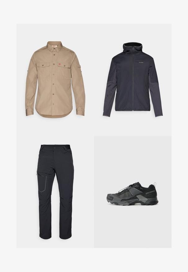 Pánska bunda v tmavosivej farbe, s predným zipsom, vysokým golierom, dlhými rukávmi a bočnými vreckami. Vyrobená z hladkého, ľahkého materiálu.; Svetlý béžový dlhý rukáv košeľa s dvoma náprsními vreckami, zapínanie na gombíky, zakončenie v oblúku a červeným logom na ľavej strane vrecka.; Čierne vonkajšie nohavice s vreckom na stehne so zipsom, elastickým pásom a hladkým, vodoodolným materiálom. Čistý dizajn bez viditeľných log. ; Čierna trailová bežecká obuv s odolným sieťovým vrchom, zosilneným špičkou, štruktúrovanou gumovou podrážkou a elastickým šnurovacím systémom pre bezpečné uchytenie.