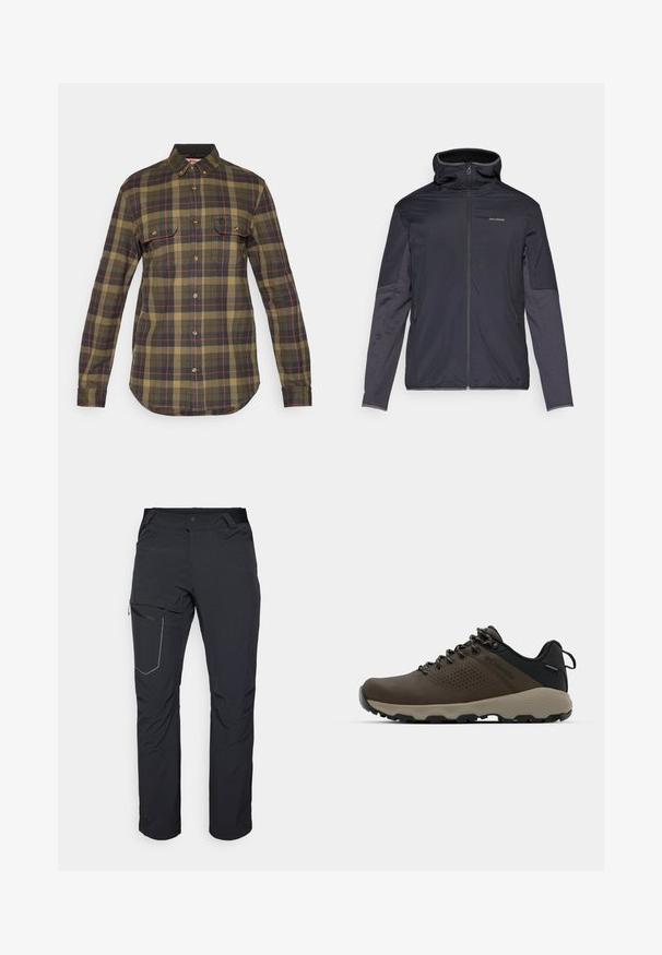 Férfi dzseki sötét szürke színben, elől cipzárral, magas gallérral, hosszú ujjakkal és oldal zsebekkel. Simább, könnyű anyagból készült.; Zöld és tengerészkék kockás flanel ing hosszú ujjakkal, gombos elülső résszel, két mellzsebbel és ívelt hemline-nal. A mintában piros részletek találhatók.; Fekete kültéri nadrág, cipzáras combzsebbel, rugalmas derékrésszel és sima, vízlepergető szövettel. Tiszta dizájn, látható logók nélkül.; Barna vízálló sportcipők texturált felsőrésszel, perforált díszítésekkel, fekete saroktámasszal és szürke gumi talppal. A cipőfűzők fém végződésekkel vannak ellátva.