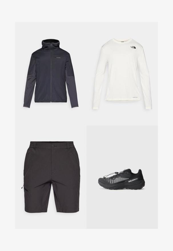 Moška jakna v temno sivi barvi, s sprednjim zadrgo, visokim ovratnikom, dolgimi rokavi in stranskimi žepi. Narejena iz gladkega, lahkega materiala.; Bela srajca z dolgimi rokavi in okroglim ovratnikom, strukturirana tkanina, črn logo na levem ramenu in diskretno znamčenje na dnu.; Črne kratke hlače iz lahkega materiala, z elastičnim pasom, stranskima žepoma in žepom na zadrgo na levi nogi.; Črne trail tekaške copate z teksturirano mrežasto zgornjico, odsevni poudarki, oblazinjen podplat in elastičen sistem vezalk. Logo ob strani.