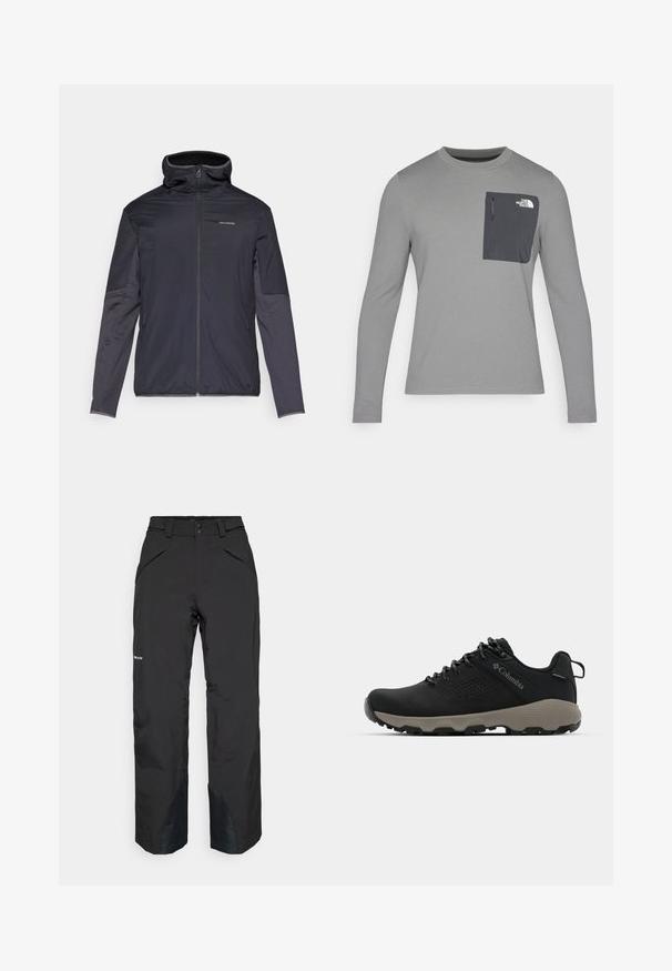 Miesten tummanharmaa takki, jossa on vetoketjukiinnitys, korkea kaulus, pitkät hihat ja sivutaskut. Valmistettu sileästä, kevyestä materiaalista.; Harmaa pitkähihaisuus paita, jossa on teksturoitu kangas, tummanharmaalla rintataskulla ja vetoketjukiinnityksellä. Taskussa valkoinen logo.; Mustat vedenkestävät housut suoran leikkauksen kanssa, varustettu zippitaskuilla, vahvistetuilla helman yksityiskohdilla ja sileällä tekstuurilla.; Mustat vaelluskengät, joissa on sileä yläosa, rei'itetty muotoilu, harmaa pohja ja vahvistettu kantapää. Varustettu nauhoilla ja vetoketjulla helppoa päällepukua varten.