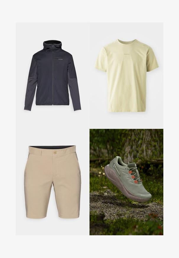 Herrenjacke in Dunkelgrau mit Reißverschluss, hohem Kragen, langen Ärmeln und Seitentaschen. Hergestellt aus glattem, leichtem Material.; Salomon TRACKLINE TEE - Sport T-Shirt - gray green; Beige Shorts aus Baumwollmischgewebe. Mit einem Knopfverschluss, Gürtelschlaufen und geraden Säumen. Keine sichtbaren Muster oder Akzente.; Hellgrüner Salomon-Laufschuh mit orangefarbenen Schnürschlaufen, schwebend über einem Kiesweg in einer Waldumgebung.