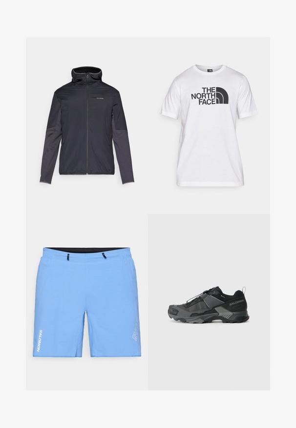 Ανδρικό μπουφάν σε σκούρο γκρι χρώμα, με φερμουάρ μπροστά, υψηλό γιακά, μακριά μανίκια και πλευρικές τσέπες. Κατασκευασμένο από υλικό λείο και ελαφρύ.; Λευκό βαμβακερό t-shirt με μαύρη γραφική εκτύπωση που περιλαμβάνει κείμενο και σχεδίαση καμπύλου λογότυπου. Στρογγυλή λαιμόκοψη και κοντά μανίκια. Απλή υφή.; Ανοιχτό μπλε σορτς φτιαγμένα από υφασμάτινη ύλη με μαύρη ζώνη. Διαθέτει λευκό λογότυπο στη αριστερή πλευρά και πλαϊνές τσέπες.; Μαύρο παπούτσι τρεξίματος για μονοπάτια με ανθεκτικό ανώτερο τμήμα από πλέγμα, ενισχυμένη μύτη, υφή από καουτσούκ στη σόλα και ελαστικό σύστημα κορδονιών για ασφαλή εφαρμογή.