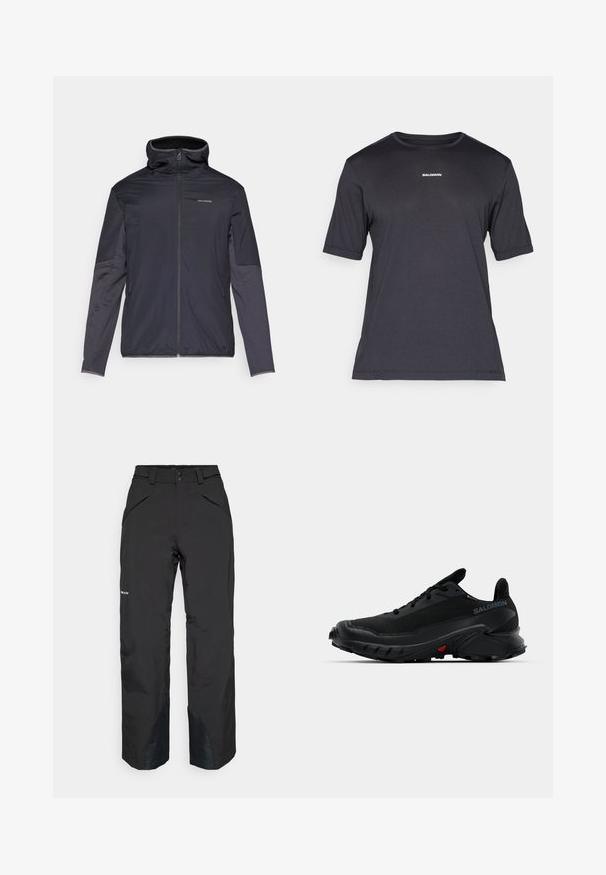 Miesten tummanharmaa takki, jossa on vetoketjukiinnitys, korkea kaulus, pitkät hihat ja sivutaskut. Valmistettu sileästä, kevyestä materiaalista.; Mustat lyhythihaiset suorituskykypaidat, jotka on valmistettu hengittävästä materiaalista. Paidassa on pyöreä kaula-aukko ja pieni valkoinen "SALOMON"-logo rinnassa.; Mustat vedenkestävät housut suoran leikkauksen kanssa, varustettu zippitaskuilla, vahvistetuilla helman yksityiskohdilla ja sileällä tekstuurilla.; Juoksukengät mustalla sävyllä, joissa on teksturoidut päälliset, pyöristetty kärki ja voimakas kumipohja. Sivussa on logo ja punaiset yksityiskohdat pohjassa.