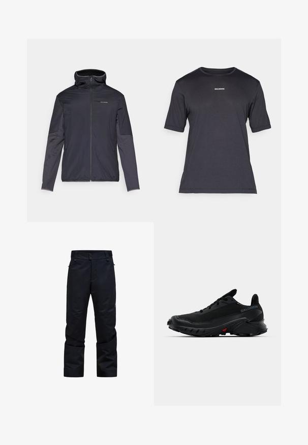 Herenjas in donkergrijs, met een rits aan de voorkant, hoge kraag, lange mouwen en zijzakken. Gemaakt van glad materiaal dat licht van gewicht is.; Zwarte korte mouwen performance t-shirt van ademend materiaal, met een ronde halslijn en een klein wit "SALOMON" logo op de borst.; Zwarte waterdichte broek met een rechte snit, twee knoopsluitingen, ritszakken en een verstelbare tailleband. Beschikt over een gladde, duurzame stof.; Zwarte sportieve schoenen met een textured bovenkant, ronde neus en een opvallende rubberen zool. Kenmerkt zich door een logo aan de zijkant en rode details op de zool.