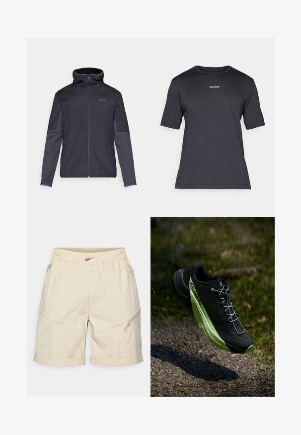 Vyriška tamsiai pilka striukė su užtrauktuku priekyje, aukštu apykakle, ilgomis rankovėmis ir šoninėmis kišenėmis. Pagaminta iš lygaus, lengvo audinio.; Juoda trumpų rankovių sportinė marškinėlių, pagaminta iš kvėpuojančios medžiagos, su apvalia iškirpte ir nedideliu baltu "SALOMON" logotipu ant krūtinės.; Smėlio spalvos šortai pagaminti iš lengvos medžiagos, su elastingu juosmeniu, užtrauktuko kišenėmis ir sulankstytu kraštu, kuriame yra kontrastingi tekstūruoti elementai.; Juodas bėgimo batelis su tekstūruota paviršiumi ir žaliais akcentais. Pasižymi lengvu dizainu ir unikalia, raštuota išorine dalimi, užtikrinančia sukibimą.