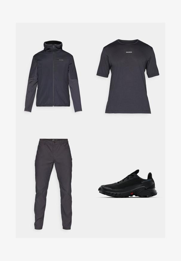 Veste pour homme en gris foncé, dotée d'une fermeture éclair à l'avant, d'un col haut, de manches longues et de poches latérales. Fabriquée en matériau lisse et léger.; T-shirt de performance noir à manches courtes en tissu respirant, avec un col rond et un petit logo "SALOMON" blanc sur la poitrine.; Pantalons cargo gris foncé avec une texture lisse, comportant des poches avant et une poche latérale ; taille sécurisée avec une fermeture à bouton.; Baskets de sport noires avec un dessus texturé, un bout arrondi et une semelle en caoutchouc proéminente. Présente un logo sur le côté et des détails rouges sur la semelle.