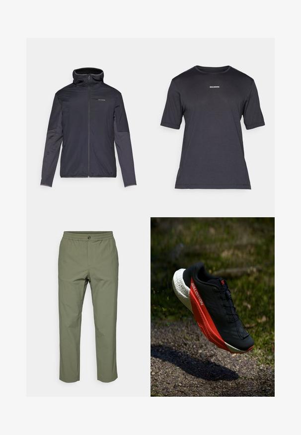 Męska kurtka w ciemnoszarym kolorze, z zamkiem z przodu, wysokim kołnierzem, długimi rękawami i bocznymi kieszeniami. Wykonana z gładkiego, lekkiego materiału.; Czarny t-shirt sportowy krótki rękaw z przewiewnego materiału, z okrągłym dekoltem i małym białym logo "SALOMON" na piersi.; Spodnie w oliwkowym kolorze wykonane z lekkiego materiału, z elastycznym paskiem w talii, zapięciem na guzik oraz prostymi nogawkami bez widocznych wzorów.; Czarne buty do biegania z czerwonymi akcentami, lekką siateczkową cholewką, teksturowaną białą podeszwą i systemem sznurowania. Zaprojektowane z myślą o wydajności i komforcie.