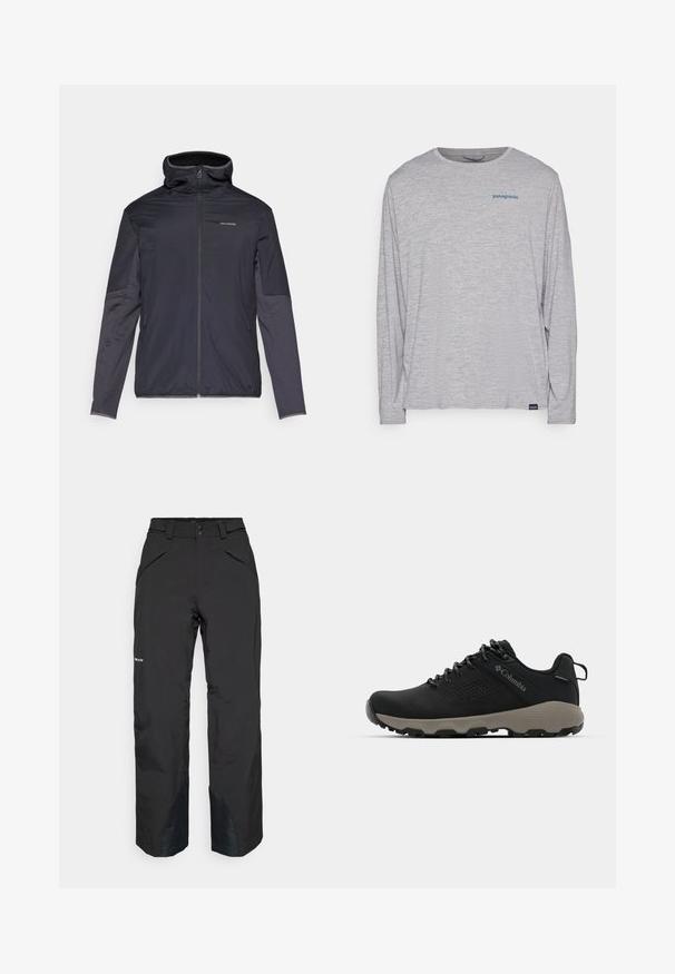 Moška jakna v temno sivi barvi, s sprednjim zadrgo, visokim ovratnikom, dolgimi rokavi in stranskimi žepi. Narejena iz gladkega, lahkega materiala.; Svetlo siva majica dugih rukava od mekog, teksturiranog materijala. Ima okrugli izrez i mali plavi Patagonia logo na grudima.; Črne vodoodporne hlače s ravnim krojem, opremljene z zadrgami na žepih, ojačenimi robovi in gladko teksturo.; Črne pohodniške čevlje z gladkim zgornjim delom, perforiranim dizajnom, sivo podplatom in ojačanim petnim delom. Imajo vezalke in zanko za enostavno obuvanje.