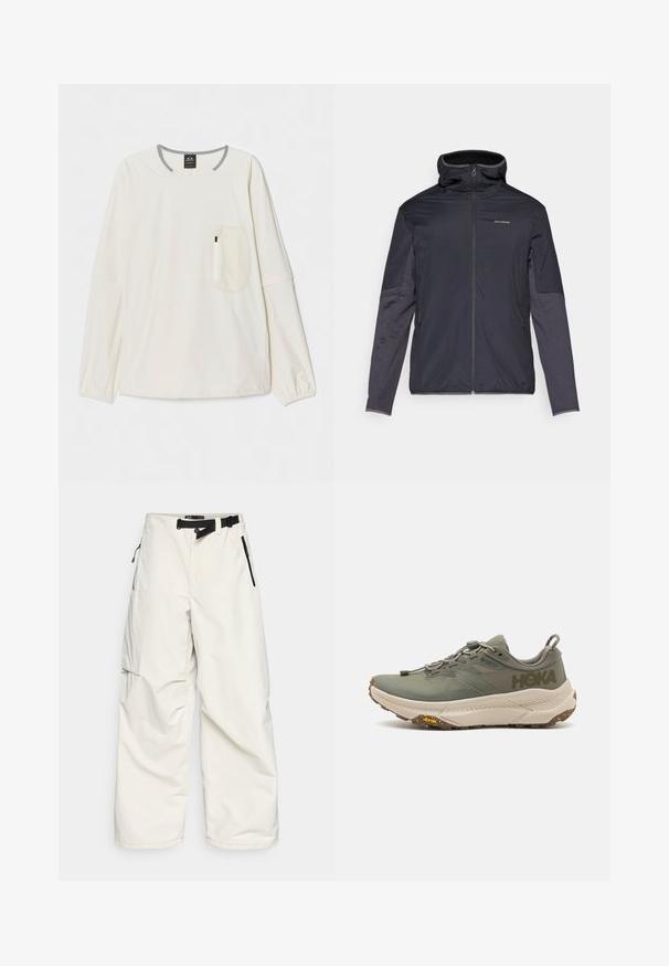 Men’s jacket in dark gray, featuring a zip front, high collar, long sleeves, and side pockets. Made from smooth, lightweight material.; Long-sleeve shirt in off-white fabric with gray neckline and accent. Features a front chest pocket with a zip closure. Soft texture.; White cargo pants made of water-resistant fabric, featuring a waist belt, side pockets with zippers, and a loose, wide-leg design.; Green Hoka running shoe with Gore-Tex upper, textured accents, elastic laces, and thick beige outsole featuring Vibram logo.