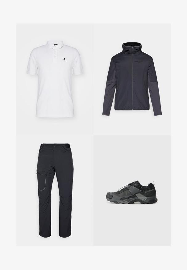 Férfi dzseki sötét szürke színben, elől cipzárral, magas gallérral, hosszú ujjakkal és oldal zsebekkel. Simább, könnyű anyagból készült.; Fehér póló, klasszikus gallérral, három gombos nyakrésszel és egy kis fekete logóval a bal mellen. Pamut anyagból készült, rövid ujjú.; Fekete kültéri nadrág, cipzáras combzsebbel, rugalmas derékrésszel és sima, vízlepergető szövettel. Tiszta dizájn, látható logók nélkül.; Fekete terepfutó cipő tartós hálós felsőrésszel, megerősített orr résszel, texturált gumitalppal és rugalmas fűzőrendszerrel a biztonságos illeszkedés érdekében.