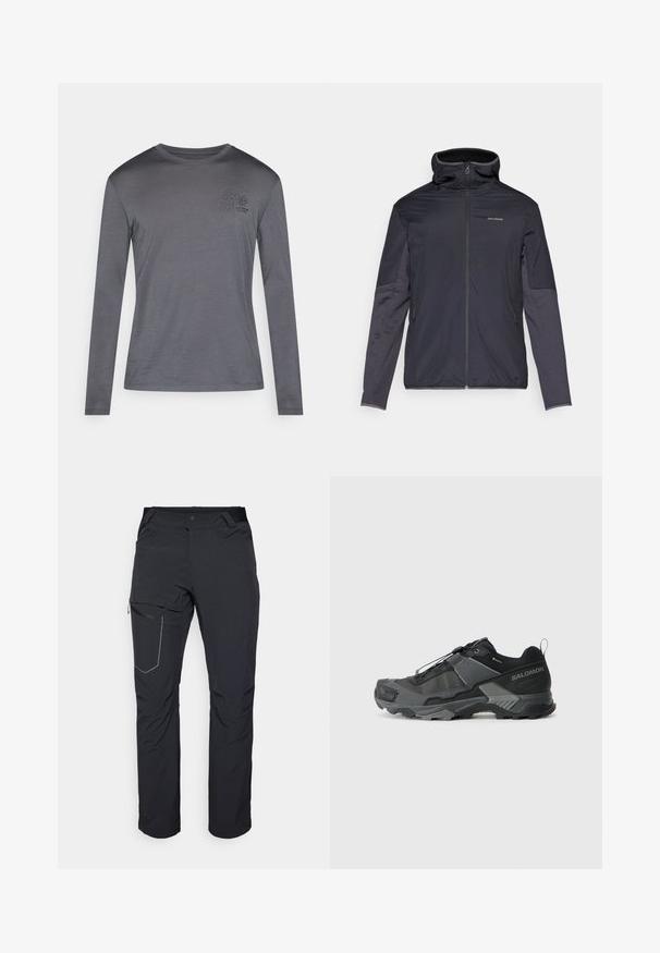 Pánska bunda v tmavosivej farbe, s predným zipsom, vysokým golierom, dlhými rukávmi a bočnými vreckami. Vyrobená z hladkého, ľahkého materiálu.; Tričko s dlhým rukávom v tmavosivej farbe, vyrobené z mäkkého materiálu. Má malý kvetinový potlač na hrudi a okrúhly výstrih. Jednoduchý dizajn.; Čierne vonkajšie nohavice s vreckom na stehne so zipsom, elastickým pásom a hladkým, vodoodolným materiálom. Čistý dizajn bez viditeľných log. ; Čierna trailová bežecká obuv s odolným sieťovým vrchom, zosilneným špičkou, štruktúrovanou gumovou podrážkou a elastickým šnurovacím systémom pre bezpečné uchytenie.