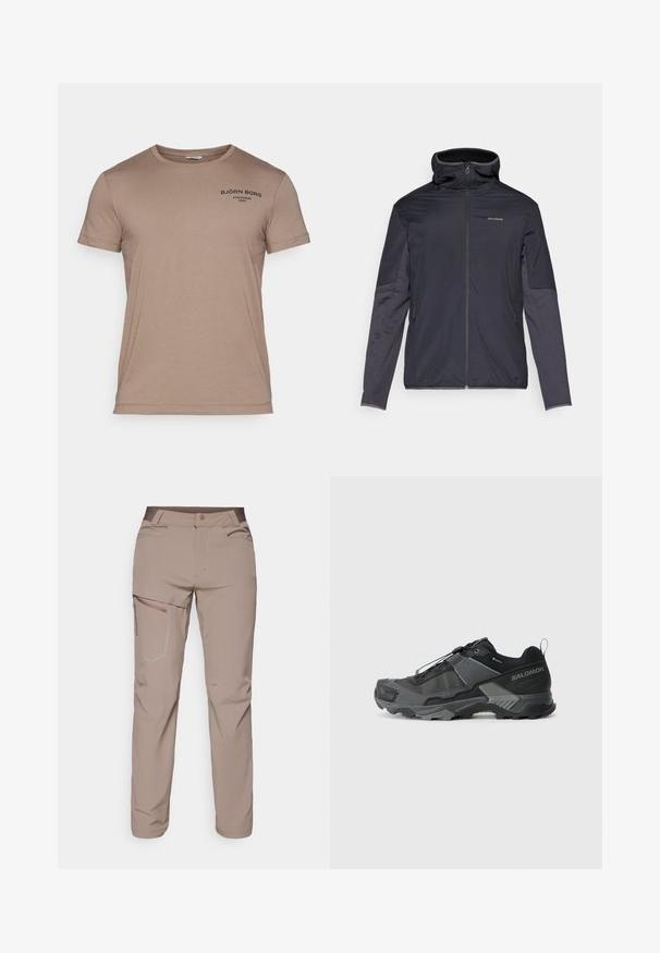 Chaqueta de hombre en gris oscuro, con cremallera frontal, cuello alto, mangas largas y bolsillos laterales. Fabricada con un material suave y ligero.; Camiseta marrón de manga corta hecha de algodón, con un cuello redondo y un pequeño logotipo negro impreso en la parte superior izquierda.; Salomon WAYFARER PANTS - Pantalones montañeros largos - iron; Zapatilla de trail running negra con parte superior de malla duradera, puntera reforzada, suela de goma texturizada y sistema de cordones elásticos para un ajuste seguro.