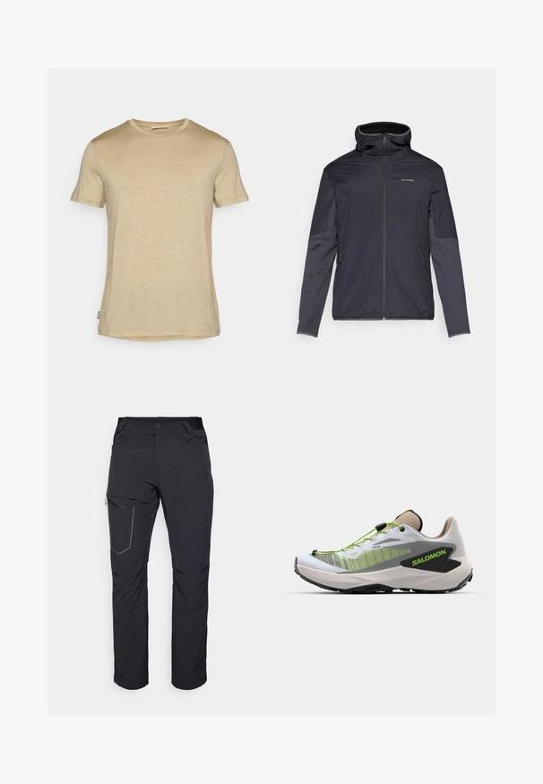 Meeste tumehall jakk, millel on tõmblukk, kõrge krae, pikad varrukad ja küljetaskud. Valmistatud sujuvast ja kerge materjalist.; Beige lühikeste varrukatega t-särk, mis on valmistatud kergest kangast; sellel on ümmargune kaelus ja kerge tekstuur ning sirge lõikega alläär.; Mustad musta värvi välispüksid, millel on tõmblukuga reiepocket, elastne vöökoht ja sile, veekindel kangas. Puhas disain ilma nähtavate logodeta.; Salomon GENESIS - Metsajooksu tossud - white/oxford tan/green gecko