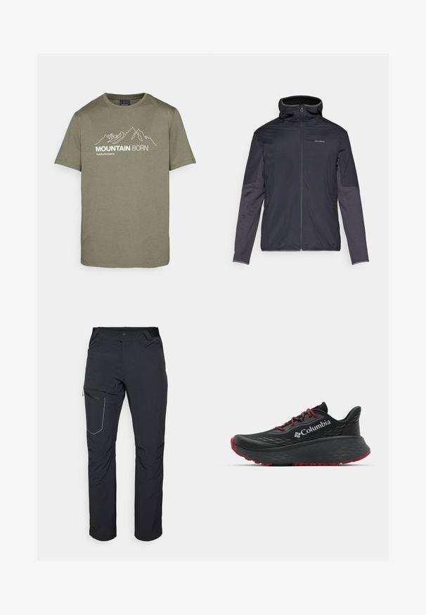 Jachetă pentru bărbați de culoare gri închis, cu fermoar în față, guler înalt, mâneci lungi și buzunare laterale. Fabricată dintr-un material neted și ușor.; Peak Performance EXPLORE GRAPHIC TEE - Tricou cu imprimeu - pine needle; Pantaloni negri de exterior cu buzunar pe coapsă cu fermoar, talie elastică și material neted, rezistent la apă. Design curat, fără logouri vizibile.; Pantofle atletice negre cu superior texturat, șireturi roșii și logo. Talpă groasă cu izolație pentru aderență. Design minimalist, vedere laterală.