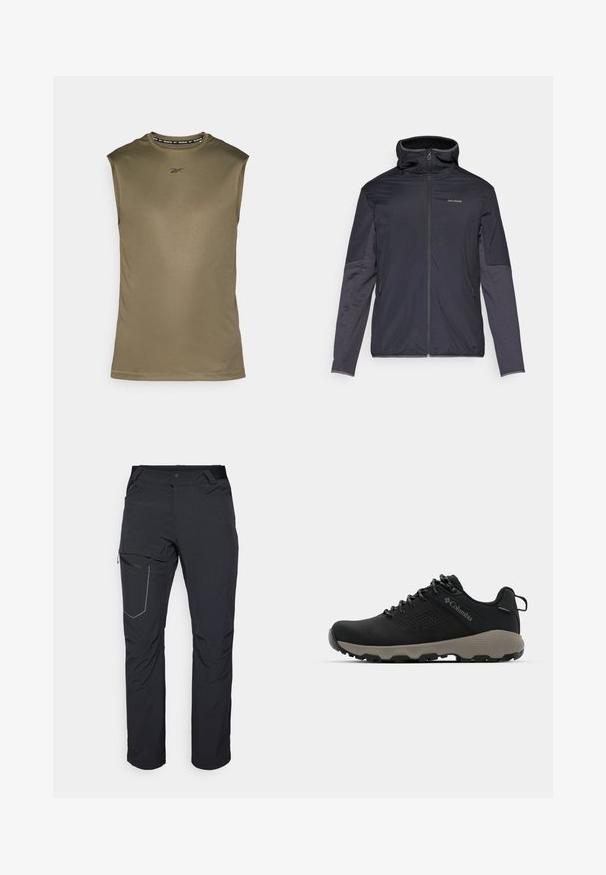 Men’s jacket in dark gray, featuring a zip front, high collar, long sleeves, and side pockets. Made from smooth, lightweight material.; Sleeveless athletic top in olive green, made of smooth, lightweight fabric. Features a black Reebok logo and a round neckline.; Black outdoor pants featuring a zippered thigh pocket, elastic waistband, and smooth, water-resistant fabric. Clean design with no visible logos.; Black hiking shoe with a smooth upper, perforated design, gray outsole, and reinforced heel. Features laces and a pull tab for easy wear.