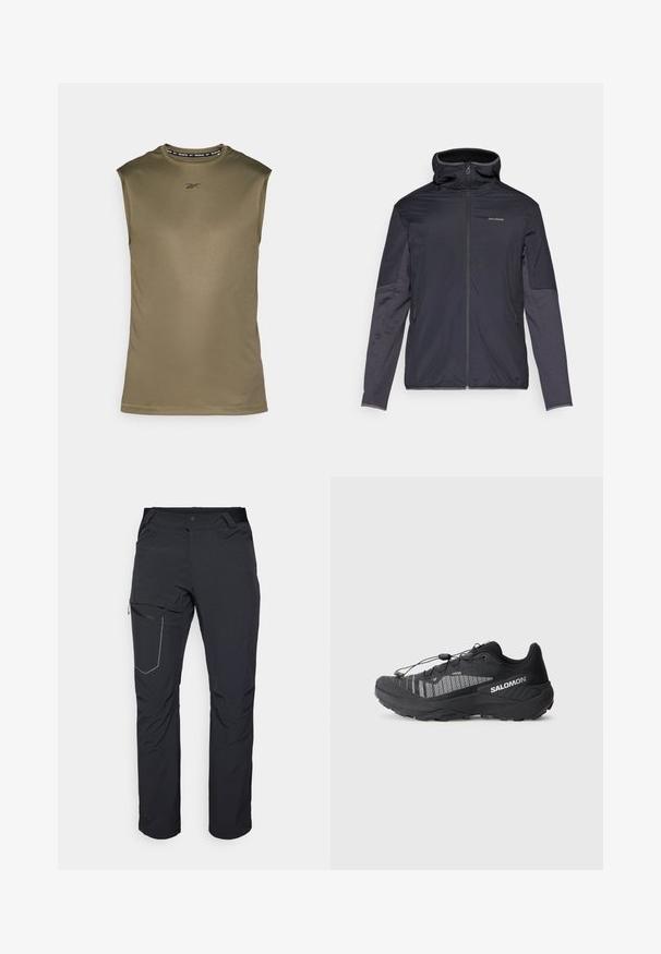 Giacca da uomo in grigio scuro, con zip frontale, colletto alto, maniche lunghe e tasche laterali. Realizzata in materiale leggero e liscio.; Top atletico senza maniche di colore verde oliva, realizzato in tessuto liscio e leggero. Presenta un logo Reebok nero e un collo rotondo.; Pantaloni neri da esterno con tasca a zip sulla coscia, cintura elastica e tessuto liscio, resistente all'acqua. Design pulito senza loghi visibili.; Scarpa da trail running nera con tomaia in mesh testurizzato, dettagli riflettenti, suola ammortizzata e sistema di allacciatura elastico. Logo sul lato.