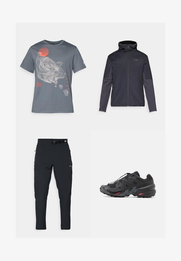 Men’s jacket in dark gray, featuring a zip front, high collar, long sleeves, and side pockets. Made from smooth, lightweight material.; Gray cotton t-shirt featuring a topographic design in white and a red circle. Text included in red and white along the left side.; Columbia ESSENTIAL HIKE™ PANT - Outdoor trousers - black; Black running shoe with synthetic upper, textured design, and contrasting red accents. Features a secured lace system and rugged outsole.