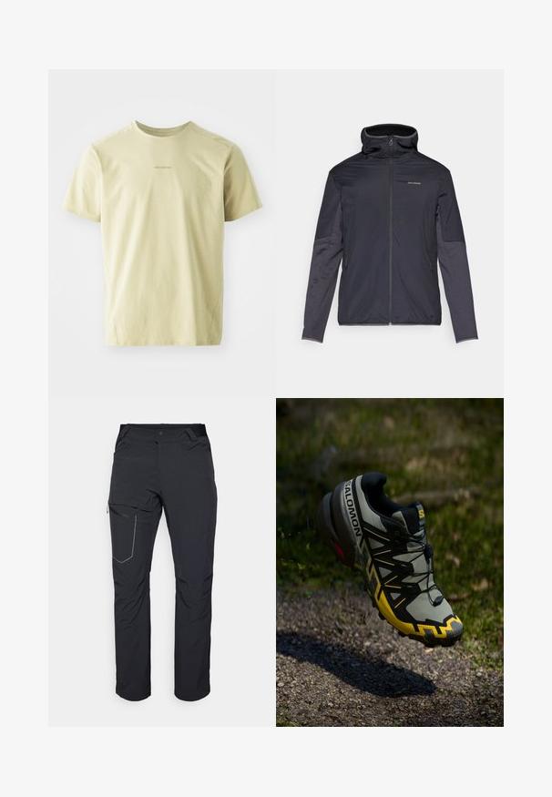 Chaqueta de hombre en gris oscuro, con cremallera frontal, cuello alto, mangas largas y bolsillos laterales. Fabricada con un material suave y ligero.; Salomon TRACKLINE TEE - Camiseta deportiva - gray green; Pantalones exteriores negros con un bolsillo en el muslo con cremallera, cintura elástica y tejido liso y resistente al agua. Diseño limpio sin logotipos visibles.; Zapatilla de trail running de Salomon en gris apagado con acentos en amarillo brillante. Cuenta con una suela texturizada, un sistema de lazada seguro y un collar acolchado.