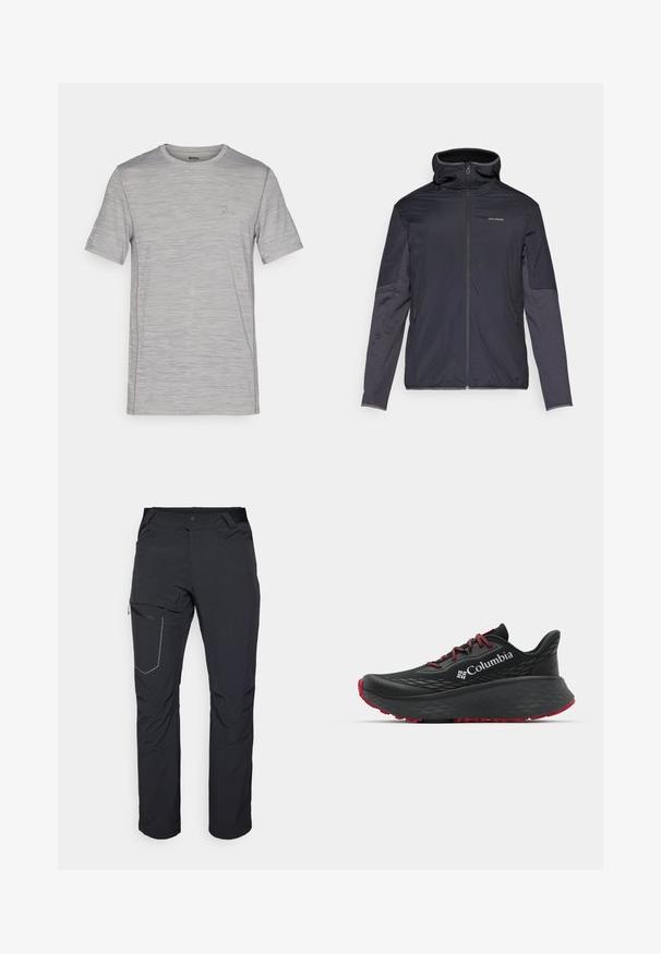 Herenjas in donkergrijs, met een rits aan de voorkant, hoge kraag, lange mouwen en zijzakken. Gemaakt van glad materiaal dat licht van gewicht is.; Grijze heathered t-shirt met korte mouwen en een ronde hals, van textuurstof, met een klein logo accent op de borst. Lichtgewicht ontwerp.; Zwarte outdoorbroeken met een ritszak op de dij, een elastische tailleband en glad, waterafstotend materiaal. Schoon ontwerp zonder zichtbare logo's.; Zwarte sportieve schoen met een gestructureerd bovenwerk, rode veters en logo. Dikke zool met gestreepte loop voor grip. Minimalistisch ontwerp, zijaanzicht.