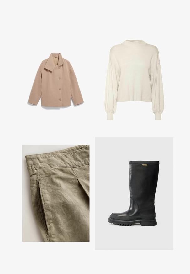 Veste en mélange de laine beige avec un large col, fermeture à boutons sur le devant et manches longues. Présente une silhouette carrée et une texture douce.; Pull cropped couleur écru, avec une texture côtelée, des manches bouffantes longues et un col haut. Tissu doux avec une coupe décontractée.; Shorts plissés kaki en tissu texturé, avec des motifs tonaux subtils et des détails cousus le long de la taille et des coutures latérales.; Bottine noire en cuir montant jusqu'au genou avec une finition texturée, un bout arrondi et une semelle en caoutchouc épaisse. Présente une plaque de marque sur le dessus.