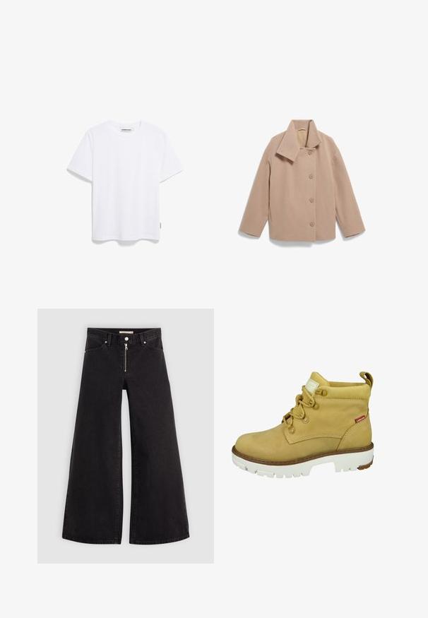 Beige wollen blazer met een brede kraag, sluiting met knopen aan de voorkant en lange mouwen. Heeft een boxy silhouet en zachte textuur.; Witte katoenen t-shirt met een ronde hals en korte mouwen. Heeft een geprinte label aan de binnenkant van de kraag en een klein label aan de zijkant.; Wijdvallende jeans van zwarte denim met een ritssluiting aan de voorkant, vijf zakken en subtiele stikdetails. Soepele textuur en casual stijl.; Karamelkleurige leren enkelboot met een gewatteerde kraag, vetersluiting aan de voorkant en een witte rubberen zool. Heeft een klein Levi's-logo aan de zijkant.