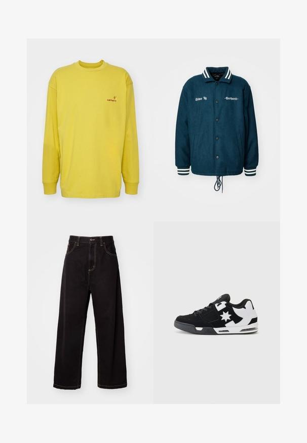 Dark green wool jacket with white striped collar and cuffs, button closure, two side pockets, and text embroidery on the front.; Long-sleeve yellow shirt made from cotton, featuring a crew neck and a small Carhartt logo in red on the left chest area.; Black denim wide-leg pants with contrast stitching, five-pocket design, and a front button closure. Smooth texture and sturdy fabric.; Black and white sneaker with suede and mesh materials. Features a prominent star logo and bold accents on the side, with a cushioned sole.
