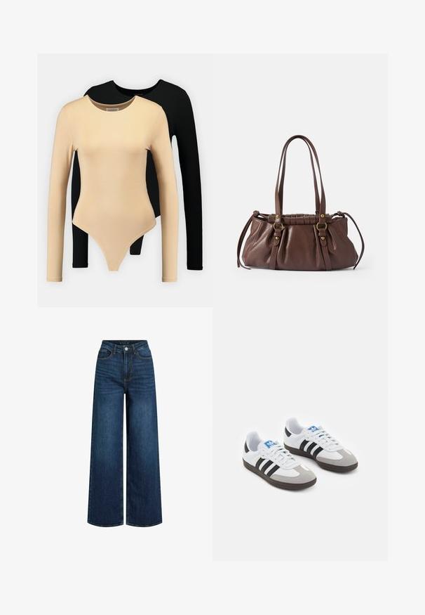 Gul cropped jakke med krave, frontlynlås, elastisk kant og logo detalje på venstre bryst. Glat, letvægtsstof.; To lange ærmes bodysuits: den ene i beige med en glat overflade og rund halsudskæring, den anden sort. Begge har en tætsiddende silhuet og thongsnit.; Bredde ben jeans lavet af mørkeblå denim med høj talje, med lynlåsgylpter, forlommer og synlige sømdetaljer.; Sportsko med en overdel i hvid læder, grå ruskind på tåen og tre sorte striber. Har et blåt logo på tungen og en struktureret gummisål.; Brun læderhåndtaske med to lange håndtag, samlet design, aksenter i guldtonet metal og en tekstureret overflade.