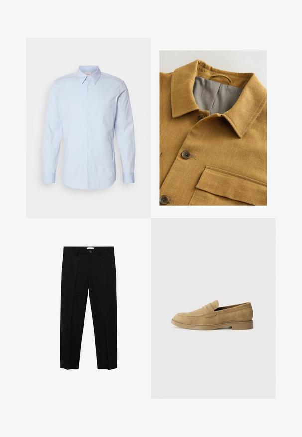 Camicia button-up in tessuto testo marrone dorato, con colletto classico, rivestimento grigio, due bottoni e taschino sul petto.; Camicia azzurra chiaro a maniche lunghe con bottoni, realizzata in cotone, con colletto classico, dotata di un piccolo logo sul petto e orlo dritto.; Pantaloni neri su misura con taglio dritto, dotati di chiusura con un solo bottone, passanti per la cintura e pieghe frontali. Realizzati in un tessuto liscio.; Mocassini in suede beige con punta rotonda, tacco basso a blocco e dettagli di cucitura sulla parte superiore. Texture liscia e design minimalista.