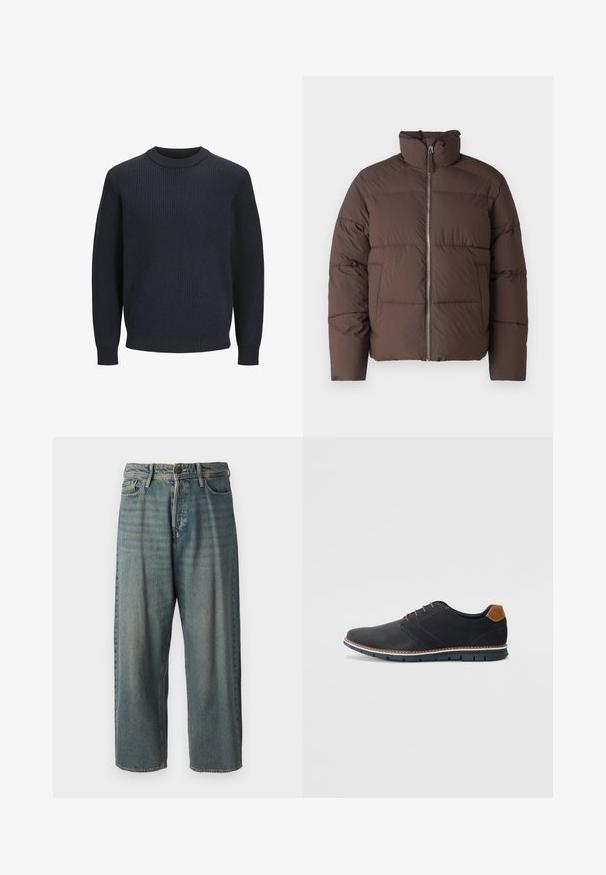 Brown puffer jacket with a high collar, front zipper, and quilted texture. Features two side pockets and a slightly cropped shape.; Navy ribbed knit sweater with a round neckline and long sleeves; features a textured fabric and a fitted hem at the waist.; Light blue denim jeans with a loose fit, mid-rise waist, and straight legs. Features five pockets, belt loops, and a button closure.; Black synthetic shoes with a textured upper, smooth accents, brown heel, and a contrasting sole. Features minimal lacing and stitch details.