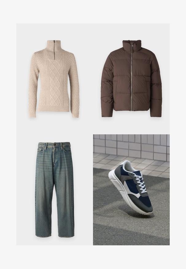 Brown puffer jacket with a high collar, front zipper, and quilted texture. Features two side pockets and a slightly cropped shape.; Beige sweater with a high collar and a zipper. Features textured patterns, including cables and bobbles, and ribbed cuffs and hem.; Light blue denim jeans with a loose fit, mid-rise waist, and straight legs. Features five pockets, belt loops, and a button closure.; Sneaker featuring a navy blue mesh upper, gray suede accents, white rubber sole, and flat white laces, designed for comfort and breathability.