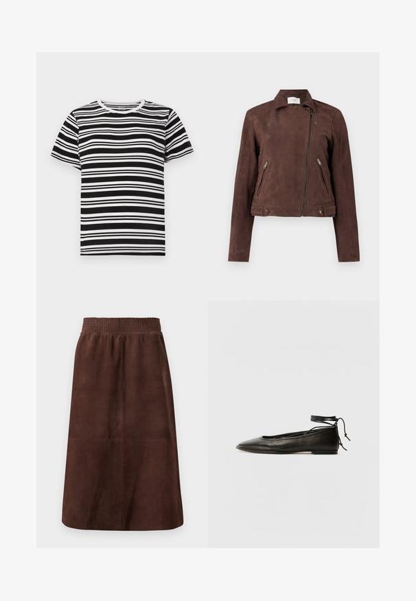 Rudas zomšinės motociklininko striukė su užtrauktuku priekyje, spaustuku ant apykaklės, dviem šoninėm užtrauktukų kišenėm ir sagų akcentais ant apačios. Lygi tekstūra.; Juoda ir balta trumpomis rankovėmis marškinėliai su horizontaliomis juostelėmis įvairių pločių ir klasikine apvalia iškirpte. Minkšta medvilnė.; Ruda zomšinė sijonas su elastine juostele, A formos, glotni tekstūra, be matomų raštų ar detalių.; Juodi odiniai balerinų bateliai su smailiu pirštu, kulkšnies raiščiu ir plokščiu padu, pasižymintys lygiu paviršiumi ir minimalizmo dizainu.