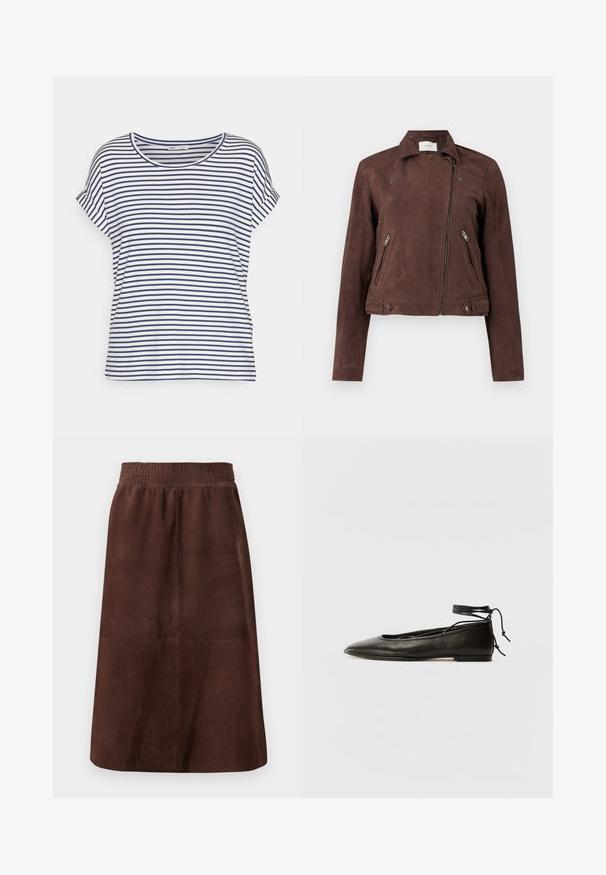 Ruskea mokkanahkainen moottoripyörätakki, jossa on vetoketjusuljenta, nepparikaulus, kaksi sivuvetoketjupakkausta ja nappikoristeet helmassa. Sujuva rakenne.; Raidallinen lyhythihainen T-paita valkoisena ja laivastonsinisenä, jossa on pyöreä kaula-aukko ja rento istuvuus, valmistettu pehmeästä puuvillakankaasta.; Ruskea mokkavuori hame, jossa on joustava vyötärö, A-linja muoto, sileä pinta ja ei näkyviä kuvioita tai metalliosia.; Musta nahka ballet-flatit, joissa on terävä kärki, nilkkaremmiliitos ja litteä pohja, varustettuna sileällä pinnalla ja minimalistisella muotoilulla.