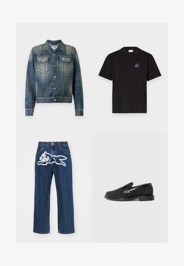 Išnešiamas mėlynas džinsinis švarkas su dviem krūtinės kišenėmis, sidabriniais mygtukais ir klasikiniu apykakle. Išsiskiria unikaliu tekstūros ir siuvimo raštu.; Juodas medvilninis marškinėliai su apvalia kaklo iškirpte ir trumpomis rankovėmis. Yra mažas mėlynas logotipas ant kairiojo krūtinės. Paprastas, tiesus kirpimas.; Tamsiai mėlynos platėjančios džinsinės kelnės su dideliu baltu animacinio šuns piešiniu ant užpakalinio kišenės. Džinsinio audinio tekstūra, tradicinė penkių kišenių konstrukcija.; Juodas pintas slip-on tipo batelis su lygiu odiniu akcentu viršuje, apvalios nosies dizainas ir žemas guminis padas.