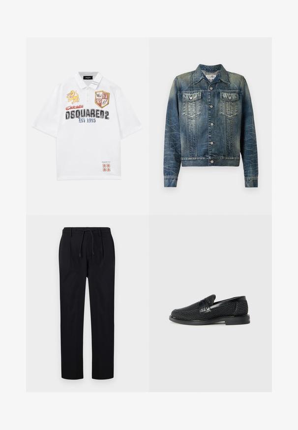 Veste en denim bleu délavé avec deux poches poitrine, boutons en argent et un col classique. Présente une texture et des motifs de couture distincts.; Polo shirt blanc avec des graphiques brodés, comprenant des designs de lion et de bouclier. Manches courtes, col boutonné, coupe décontractée.; Pantalons noirs en tissu lisse, avec une taille à cordon, des jambes droites et des plis avant pour un look structuré.; Chaussure slip-on tissée noire avec un accent en cuir lisse sur le dessus, un design à bout rond et une semelle en caoutchouc à profil bas.